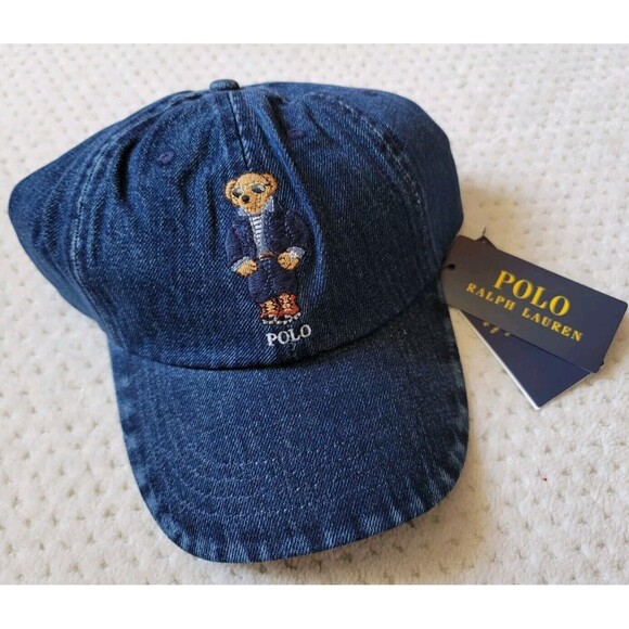 Polo Ralph Lauren BEAR Dark Wash Denim Blue Leather Strapback Baseball H… - Picture 3 of 7